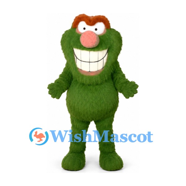 Monster Mascot Costume in Green with Large Tooth Smile and Brown Hair
