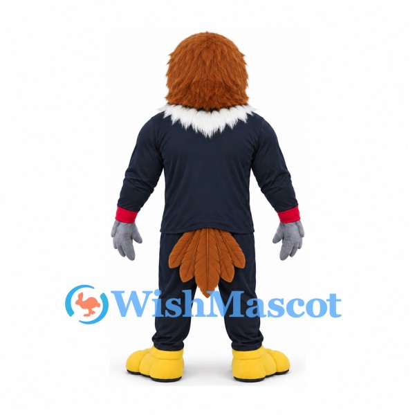 Eagle Mascot Costume in Brown with Navy Outfit and Red Wristbands