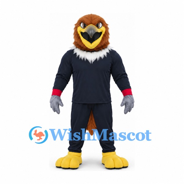 Eagle Mascot Costume in Brown with Navy Outfit and Red Wristbands