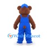 Bear Mascot Costume in Brown with Blue Overalls and Cap