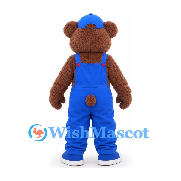 Bear Mascot Costume in Brown with Blue Overalls and Cap