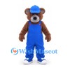 Bear Mascot Costume in Brown with Blue Overalls and Cap