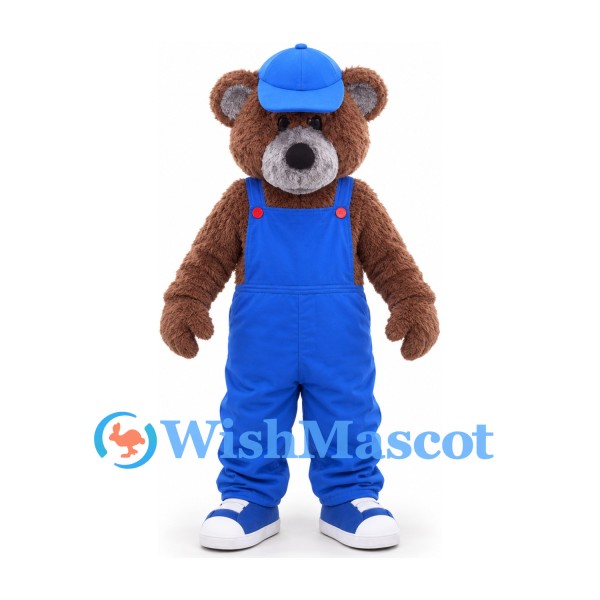 Bear Mascot Costume in Brown with Blue Overalls and Cap