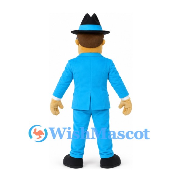 Secret Agent Mascot Costume in Blue Suit with Black Hat and Sunglasses