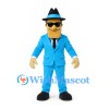 Secret Agent Mascot Costume in Blue Suit with Black Hat and Sunglasses