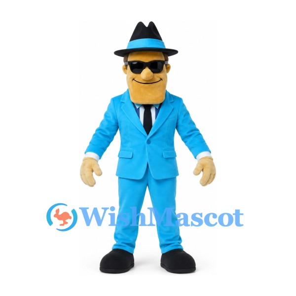 Secret Agent Mascot Costume in Blue Suit with Black Hat and Sunglasses