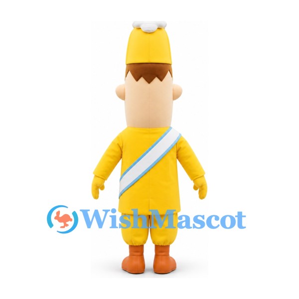 Man Mascot Costume with Mustache Yellow Uniform and White Sash
