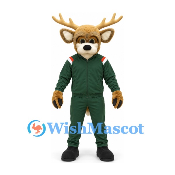 Deer Mascot Costume in Brown with Dark Green Tracksuit