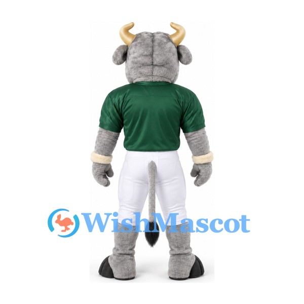 Bull Mascot Costume in Gray with Green Football Jersey and White Trousers