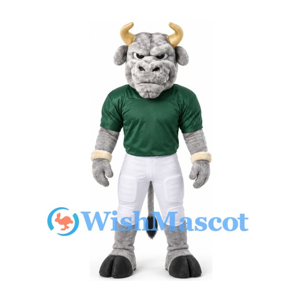 Bull Mascot Costume in Gray with Green Football Jersey and White Trousers