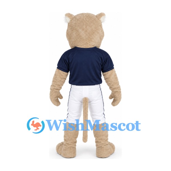 Cougar Mascot Costume in Cream with Navy Shirt and White Shorts