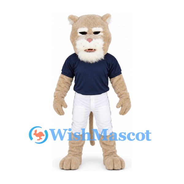 Cougar Mascot Costume in Cream with Navy Shirt and White Shorts