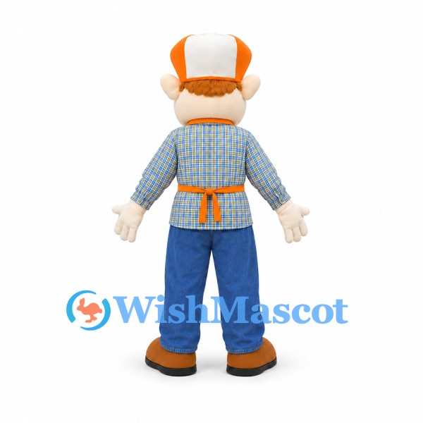 Farmer Mascot Costume with Orange Apron Plaid Shirt and Blue Trousers