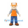 Farmer Mascot Costume with Orange Apron Plaid Shirt and Blue Trousers