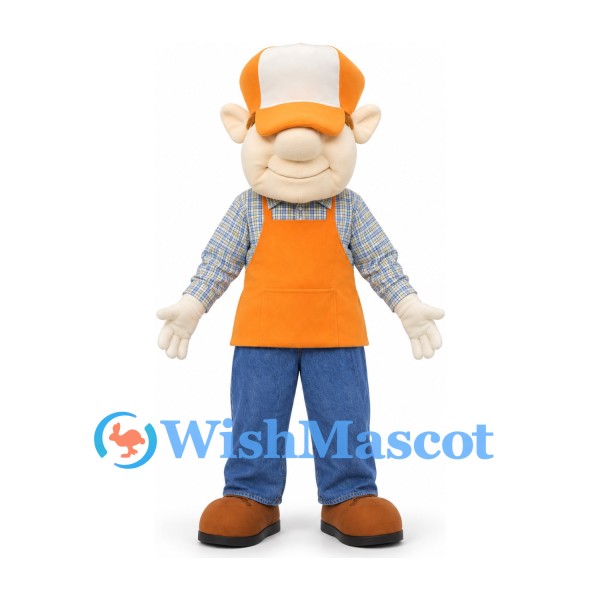 Farmer Mascot Costume with Orange Apron Plaid Shirt and Blue Trousers
