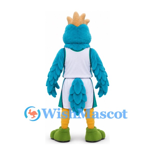 Bird Mascot Costume in Teal with White Basketball Uniform and Green Feet