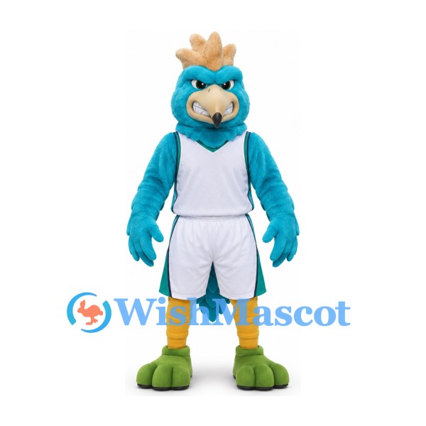 Bird Mascot Costume in Teal with White Basketball Uniform and Green Feet