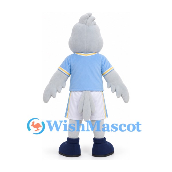Bird Mascot Costume in Gray with Light Blue Shirt and White Sports Shorts