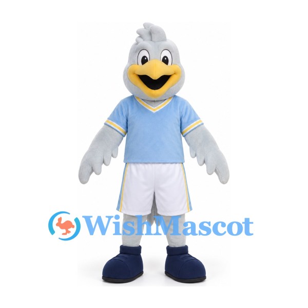 Bird Mascot Costume in Gray with Light Blue Shirt and White Sports Shorts