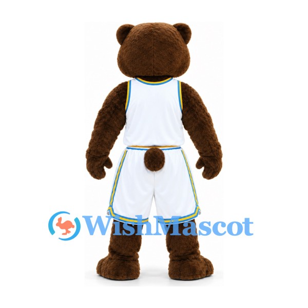 Bear Mascot Costume in Brown with White Basketball Uniform and Green Trim