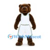 Bear Mascot Costume in Brown with White Basketball Uniform and Green Trim
