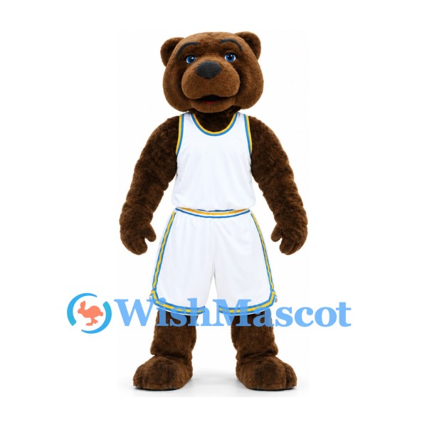 Bear Mascot Costume in Brown with White Basketball Uniform and Green Trim