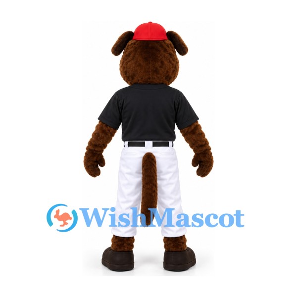 Dog Mascot Costume in Brown with Black Baseball Shirt White Trousers and Red Cap