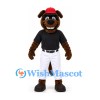 Dog Mascot Costume in Brown with Black Baseball Shirt White Trousers and Red Cap