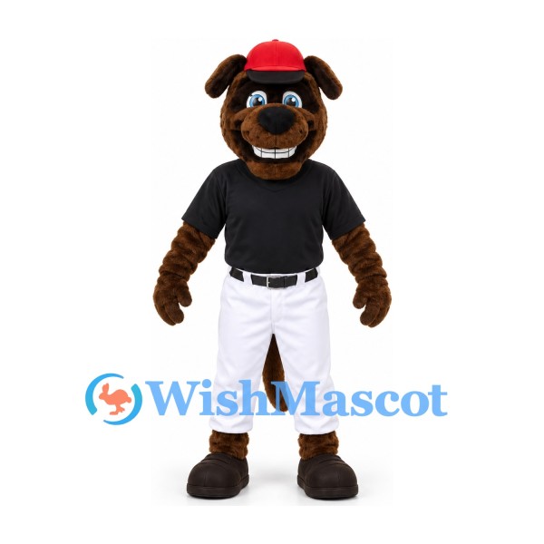 Dog Mascot Costume in Brown with Black Baseball Shirt White Trousers and Red Cap