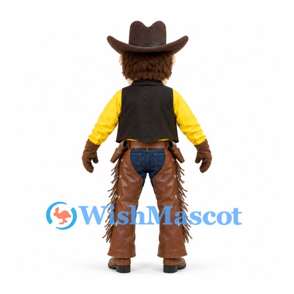 Cowboy Mascot Costume with Mustache Yellow Shirt and Brown Fringed Chaps