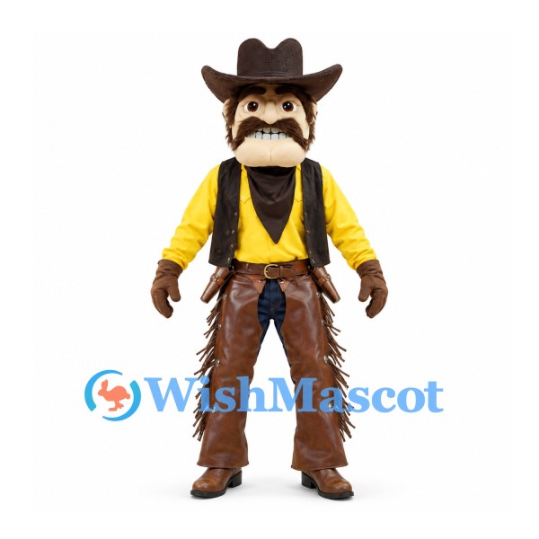 Cowboy Mascot Costume with Mustache Yellow Shirt and Brown Fringed Chaps