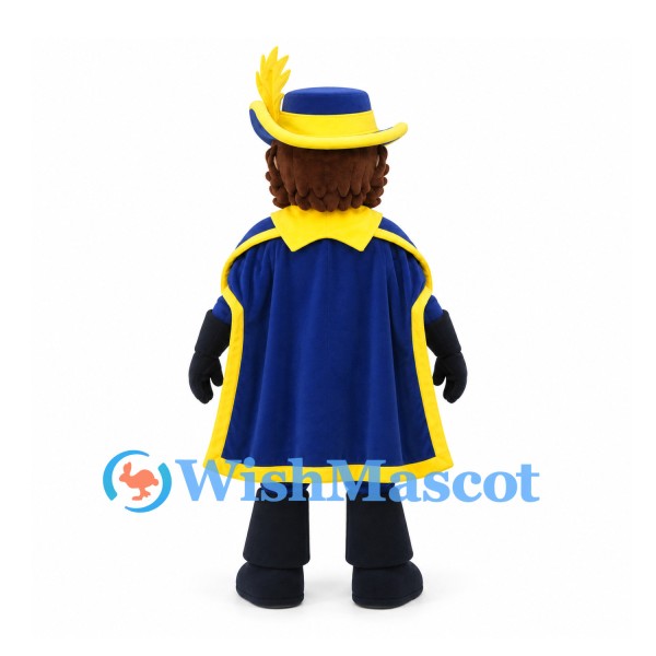 Musketeer Mascot Costume in Navy and Yellow with Feathered Hat