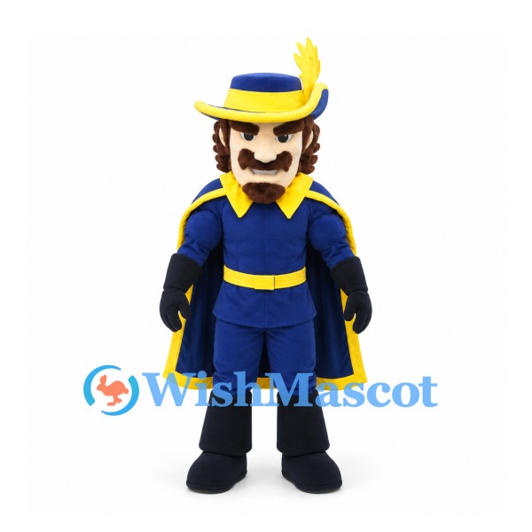 Musketeer Mascot Costume in Navy and Yellow with Feathered Hat