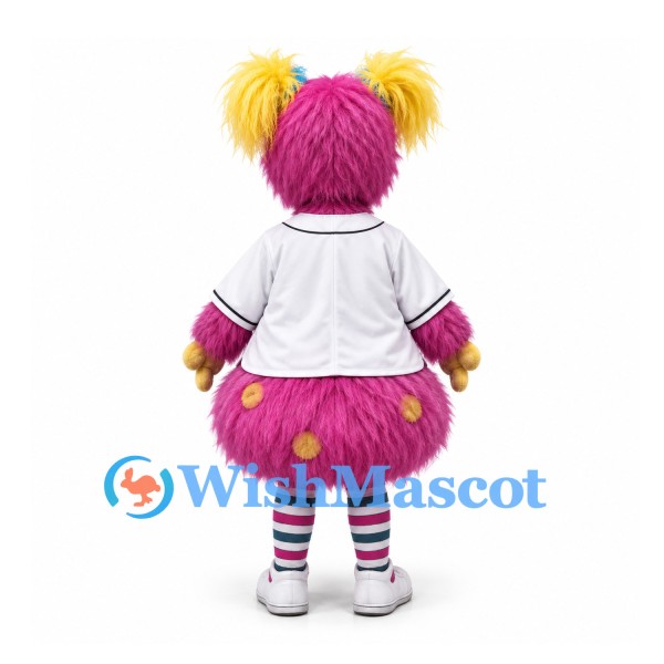 Monster Mascot Costume in Pink with Yellow Pigtails and White Baseball Jersey