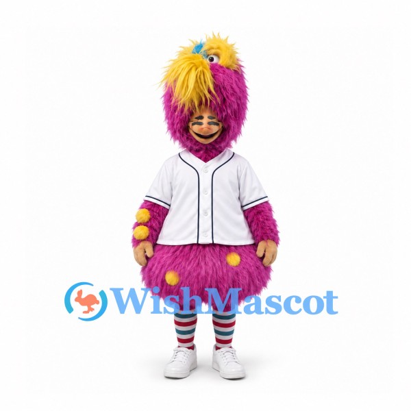 Monster Mascot Costume in Pink with Yellow Pigtails and White Baseball Jersey