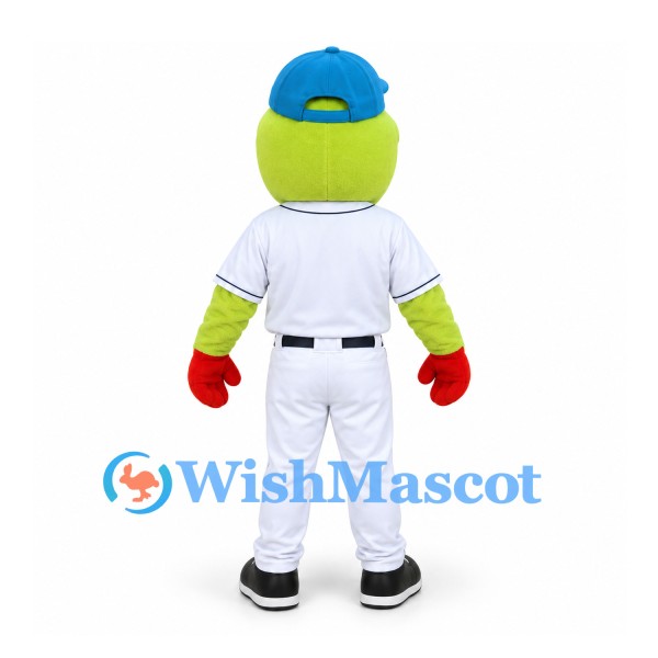 Frog Mascot Costume in Lime Green with White Baseball Uniform and Blue Cap