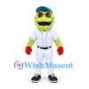 Frog Mascot Costume in Lime Green with White Baseball Uniform and Blue Cap