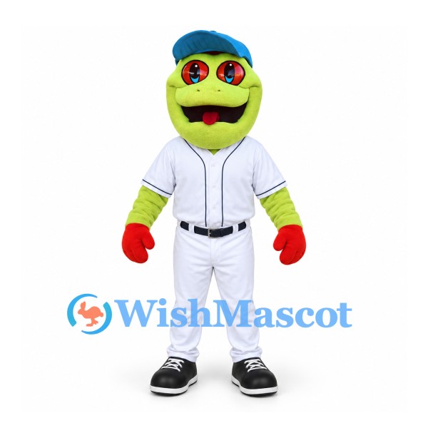 Frog Mascot Costume in Lime Green with White Baseball Uniform and Blue Cap