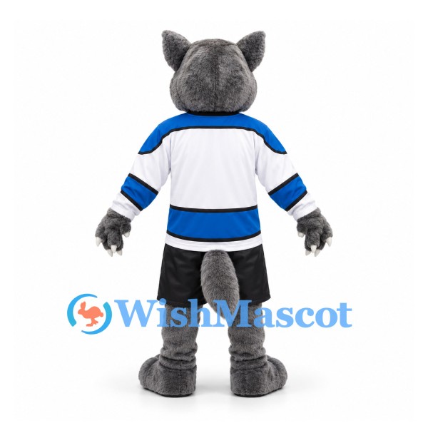 Wolf Mascot Costume in Gray with White and Blue Hockey Jersey
