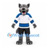 Wolf Mascot Costume in Gray with White and Blue Hockey Jersey