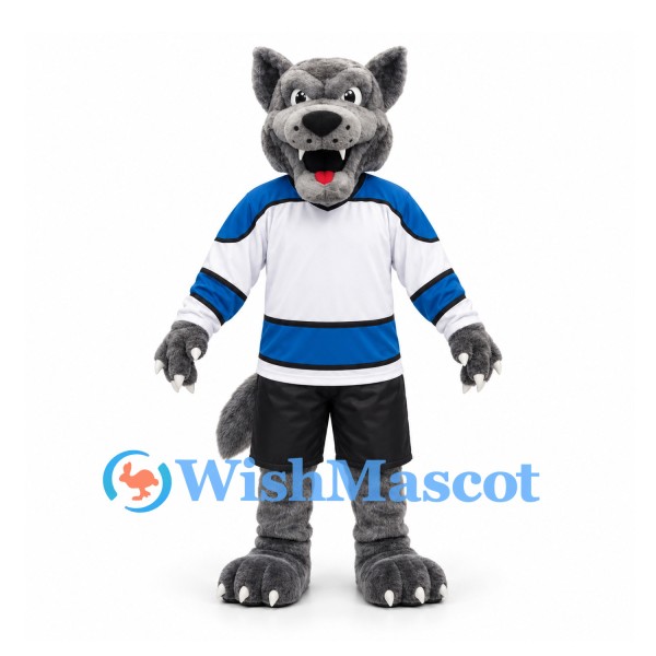 Wolf Mascot Costume in Gray with White and Blue Hockey Jersey