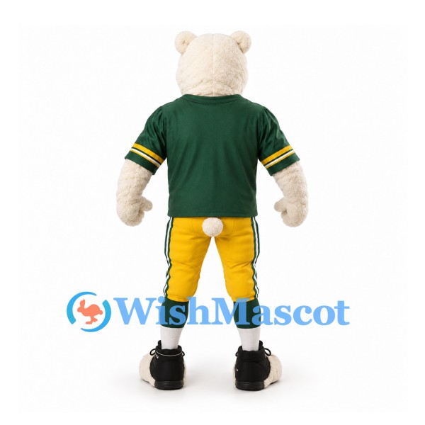 Polar Bear Mascot Costume in White with Green Football Jersey and Yellow Trousers