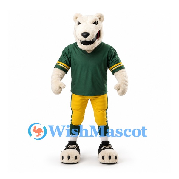 Polar Bear Mascot Costume in White with Green Football Jersey and Yellow Trousers
