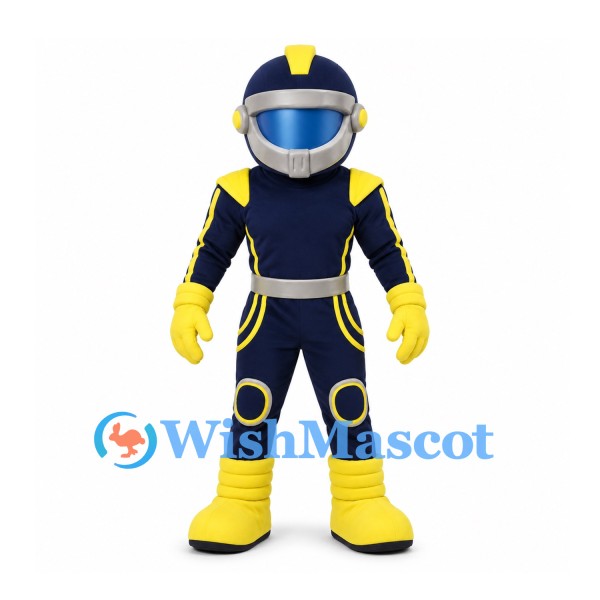 Robot Mascot Costume in Navy and Yellow with Mirrored Visor
