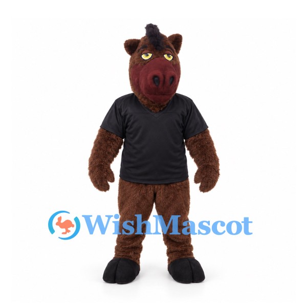 Horse Mascot Costume in Brown with Black Shirt and Dark Mane