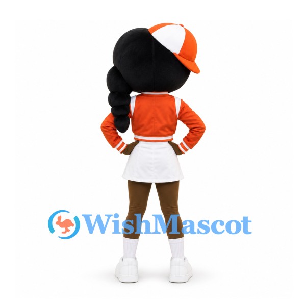 Girl Mascot Costume with Black Braids Orange Jacket and White Skirt