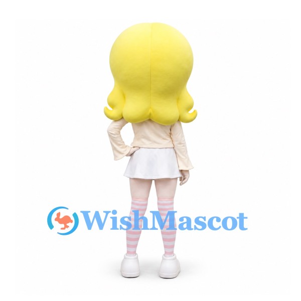 Girl Mascot Costume with Blonde Hair Cream Jacket and White Skirt