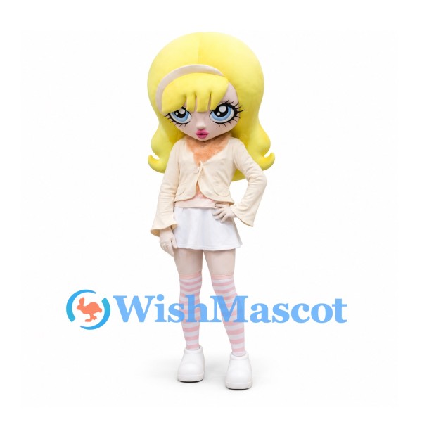 Girl Mascot Costume with Blonde Hair Cream Jacket and White Skirt