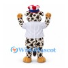 Cow Mascot Costume in Black and White with Pinstriped Shirt and Star Pattern Hat