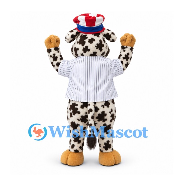 Cow Mascot Costume in Black and White with Pinstriped Shirt and Star Pattern Hat